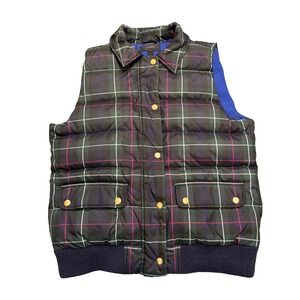 J Crew Plaid Down‎ Puffer Vest Blue Red Green White Gold Buttons Size L Classic